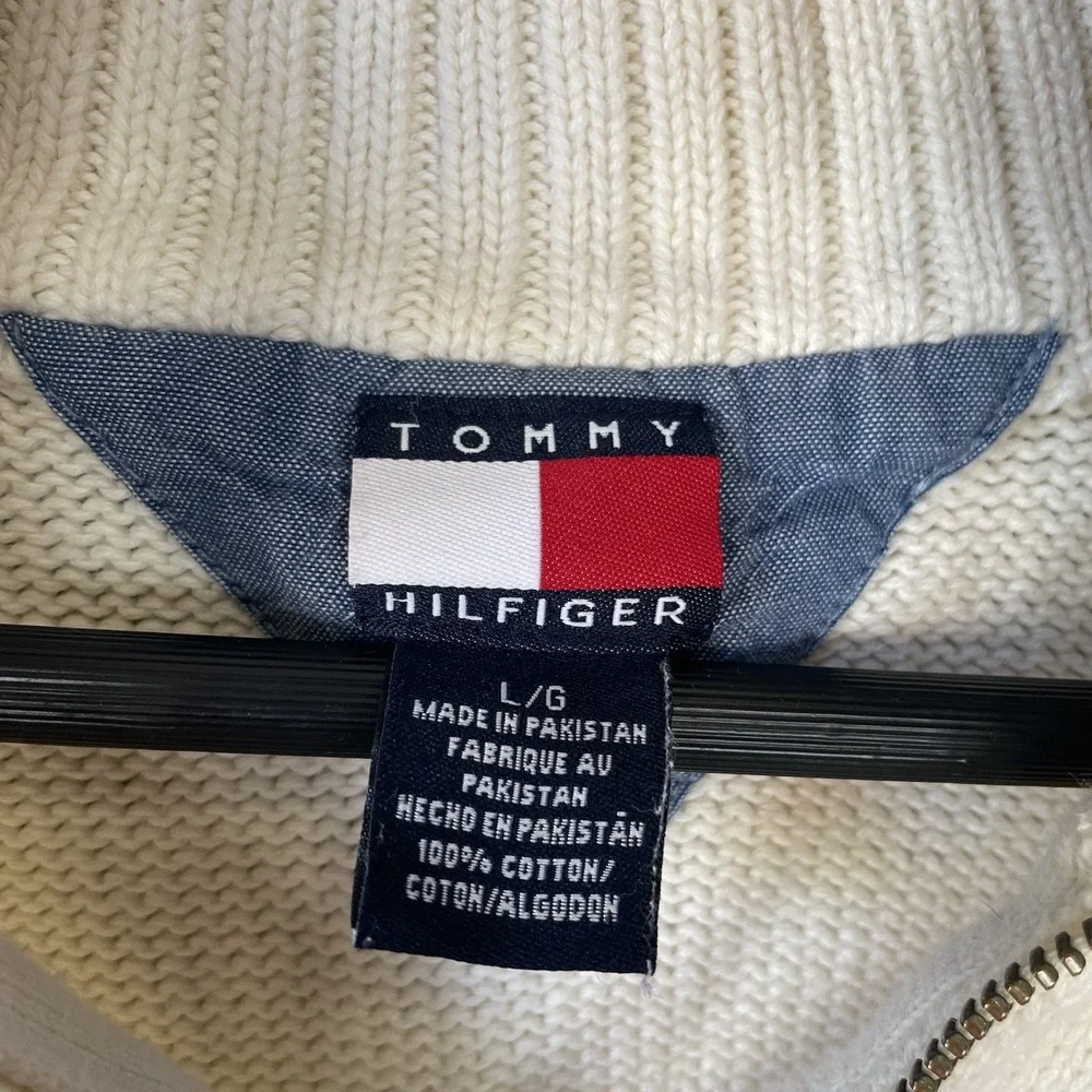 Vintage Tommy Jeans Sweater Mens Large White Hilfiger Zip Knit Pullover Y2K